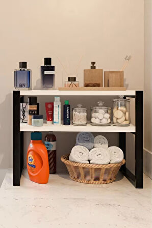 2 Katlı Banyo Rafı – Metal Ayaklı Tezgah Üstü Düzenleyici Organizer, Havlu & Kozmetik Saklama Rafı (57x32x48 cm)