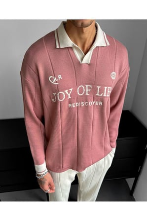 Oversize Polo Yaka Desenli Triko Kazak Yumuşak Dokulu Tüylenmez Salaş Nakış Detaylı Sweatshirt Triko