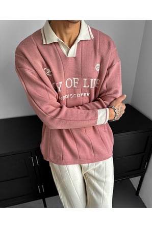 Oversize Polo Yaka Desenli Triko Kazak Yumuşak Dokulu Tüylenmez Salaş Nakış Detaylı Sweatshirt Triko