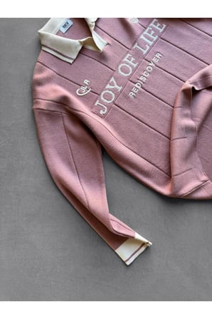 Oversize Polo Yaka Desenli Triko Kazak Yumuşak Dokulu Tüylenmez Salaş Nakış Detaylı Sweatshirt Triko