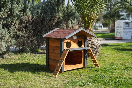 2 Yuvalı Kedi Evi Mamalıklı Ahşap