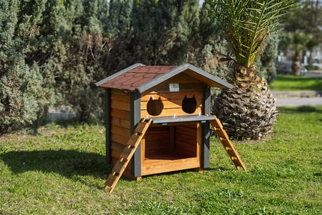 2 Yuvalı Kedi Evi Mamalıklı Ahşap