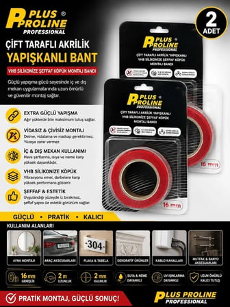 ( 2 ADET ) Plus Proline 16 mm 2 Metre | EKONOMİK PAKET | Çift Taraflı Akrilik Vhb Şeffaf Köpük Montaj Bandı | Silikonize Çift Taraflı Bant  | Güçlü Yapıştırıcı | Iç & Dış Mekan
