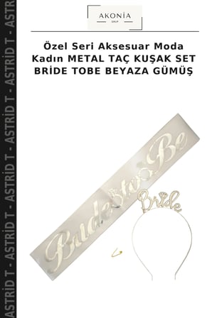 Özel Seri Aksesuar Moda Kadın METAL TAÇ KUŞAK SET BRİDE TOBE BEYAZA GÜMÜŞ