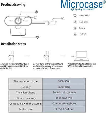 Microcase 1080P 360 Dönerli Mandal Kıskaçlı Full Hd Webcam Kamera ZR811 - SİYAH AL5148