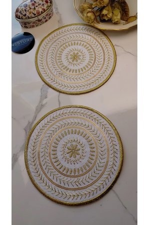 GOLD Pul ve Nakış İşlemeli Linen Keten Kokteyl Sunum Peçetesi 2’li |Otantik Mandala Serisi Luna–Çift Pul