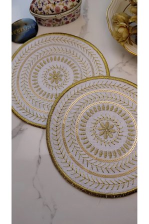 GOLD Pul ve Nakış İşlemeli Linen Keten Kokteyl Sunum Peçetesi 2’li |Otantik Mandala Serisi Luna–Çift Pul