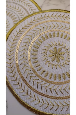 GOLD Pul ve Nakış İşlemeli Linen Keten Kokteyl Sunum Peçetesi 2’li |Otantik Mandala Serisi Luna–Çift Pul