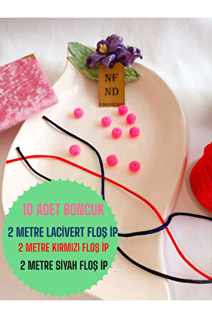 10 Pembe Boncuk 2m Siyah 2m Lacivert 2m Kırmızı Floş Ip Ve Bileklik Aparatı Plastik Hediye