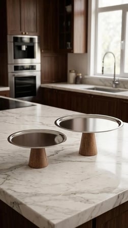 fam wood art 2'li Ahşap Ayaklı Çelik Metal Sunum Tabağı,Kek-Pasta Standı,Şekerlik,Peynir Tabağı 28 ve 21 cm