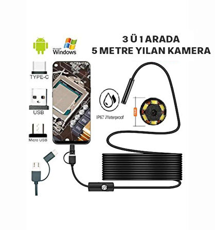 Yoosee 2mt Çift Lens ve Işıklı USB Girişli Çift Kameralı Endeskop Boroskop Sert Kablo Yılan Kamera