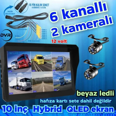 2 ADET BEYAZ LEDLİ KELEBEK KAMERA  10'' QLED 6 KANALLI MONİTÖR SETİ  12 V 256 GB