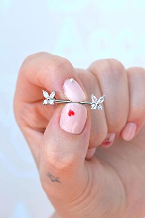 Gümüş Renkli Kelebekli Çelik Nipple Piercingi Kelebek Figürlü Göğüs Piercingi
