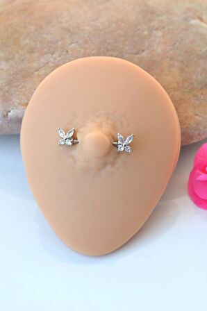 Gümüş Renkli Kelebekli Çelik Nipple Piercingi Kelebek Figürlü Göğüs Piercingi