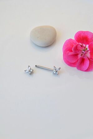 Gümüş Renkli Kelebekli Çelik Nipple Piercingi Kelebek Figürlü Göğüs Piercingi