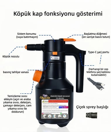 okaoda 🚀okaoda YD-DD2302 Şarj Edilebilir Otomatik Yüksek Basınçlı Ev Tipi Araba Yıkama Temizleme Köpük Püskürtücü