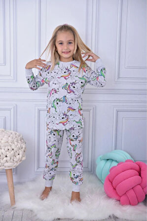 SRNP Unicorn Desenli Kız Çocuk Uzun Kollu Pijama Takımı 3-10 Yaş 014