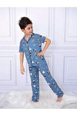 PJKÖ Mickey Desenli Mavi Kısa Kollu Önden Düğmeli Erkek Çocuk Pijama Takımı 4-12 Yaş 708K