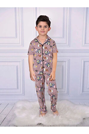 PJKÖ Tom&Jerry Desenli Kahverengi Kısa Kollu Önden Düğmeli Erkek Çocuk Pijama Takımı 4-12 Yaş 0707K