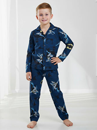 PJKÖ Batman Desenli Uzun Kollu Önden Düğmeli Erkek Çocuk Pijama Takımı 4-12 Yaş 514U