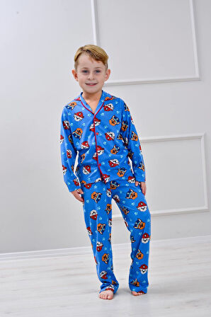 PJKÖ Paw Petrol Desenli Uzun Kollu Önden Düğmeli Erkek Çocuk Pijama Takımı 4-12 Yaş 517U