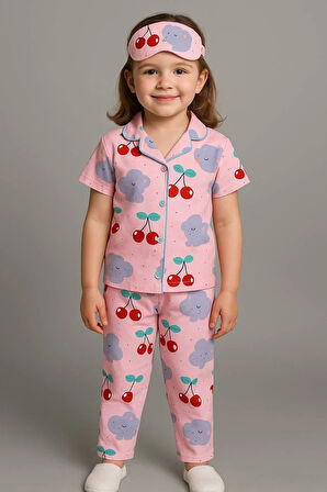 PJKÖ Kiraz Desenli Pembe Kısa Kollu Önden Düğmeli Kız Çocuk Pijama Takımı 4-12 Yaş 577K