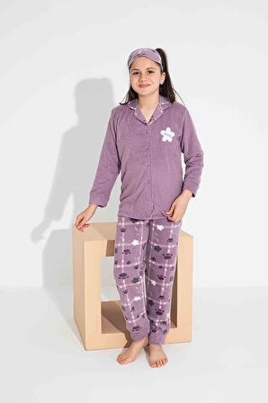 TARP Lila Önden Düğmeli Polar Kız Çocuk Pijama Takımı 4-15 Yaş 2700-2701-2702-L