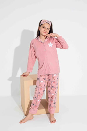 TARP Pembe Önden Düğmeli Polar Kız Çocuk Pijama Takımı 4-15 Yaş 2700-2701-2702-P