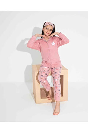 TARP Pembe Önden Düğmeli Polar Kız Çocuk Pijama Takımı 4-15 Yaş 2700-2701-2702-P