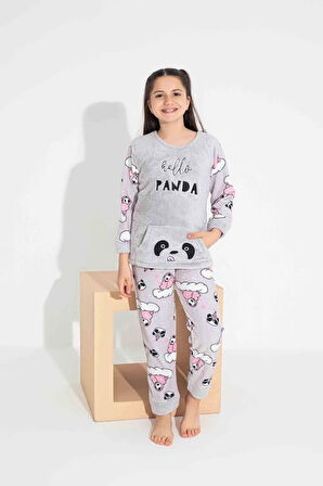 TARP Gri Panda Nakışlı Polar Kız Çocuk Pijama Takımı 4-15 Yaş 2706-2707-2708-G