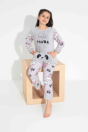 TARP Gri Panda Nakışlı Polar Kız Çocuk Pijama Takımı 4-15 Yaş 2706-2707-2708-G