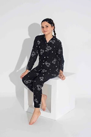 TARP Siyah Süet Önden Düğmeli Kız Çocuk Pijama Takımı 5-9 Yaş 2723-9-S