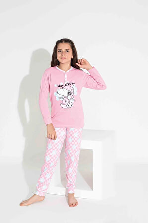 TARP Pembe Snoopy İnterlok Kız Çocuk Pijama Takımı 3-11 Yaş 2735-2736-P