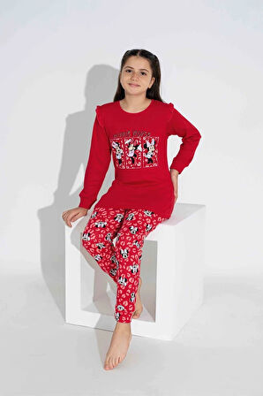 TARP Kırmızı Minnie Mouseli İnterlok Kız Çocuk Pijama Takımı 3-11 Yaş 2743-2744-K