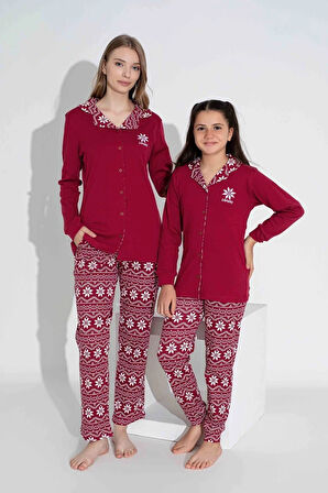 TARP Bordo Kar Taneli İnterlok Önden Düğmeli Kız Çocuk Pijama Takımı 5-15 Yaş 2761-B