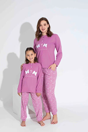 TARP 2 Düğmeli Pembe Kelebek Nakışlı Termal Kız Çocuk Pijama Takımı 5-15 Yaş 2807-2808-P