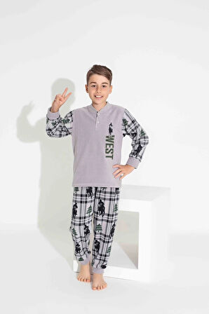 TARP Gri West Nakışlı Polar Erkek Çocuk Pijama Takımı 4-15 Yaş 3736-3737-3738-G