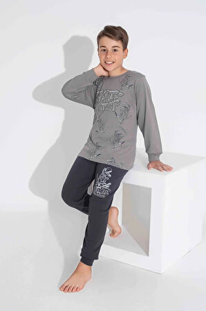 TARP Gri Dinazorlu İnterlok Erkek Çocuk Pijama Takımı 3-11 Yaş 3741-3742-G