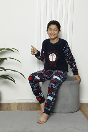 MİNİM Lacivert Basketbol Nakışlı Polar Erkek Çocuk Pijama Takımı 5-16 Yaş 4236-L