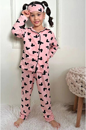 1+1PJKÖ Minnie Mause Desenli Pudra Uzun Kollu Önden Düğmeli Kız Çocuk Pijama Takımı 4-6 Yaş 0500U-P