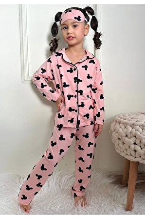 1+1PJKÖ Minnie Mause Desenli Pudra Uzun Kollu Önden Düğmeli Kız Çocuk Pijama Takımı 4-6 Yaş 0500U-P