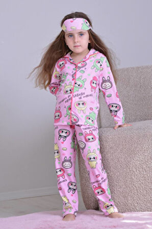 PJKÖ Labubu Desenli Pembe Uzun Kollu Önden Düğmeli Kız Çocuk Pijama Takımı 4-12 Yaş 502U