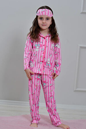 PJKÖ My Melody Desenli Pembe Uzun Kollu Önden Düğmeli Kız Çocuk Pijama Takımı 4-12 Yaş 506U