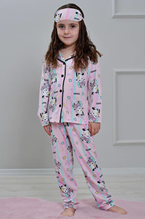 PJKÖ Şapşik Köpekçik Desenli Pembe Uzun Kollu Önden Düğmeli Kız Çocuk Pijama Takımı 4-12 Yaş 507U