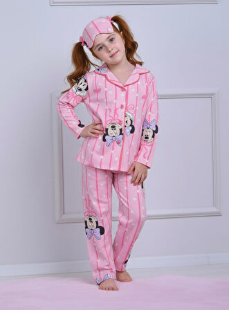 PJKÖ Min. Mause Desenli Pembe Uzun Kollu Önden Düğmeli Kız Çocuk Pijama Takımı 4-12 Yaş 508U