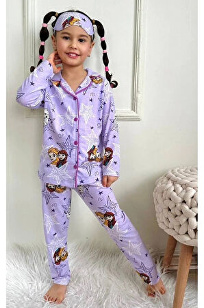 PJKÖ Frouzen Elsa Desenli Lila Uzun Kollu Önden Düğmeli Kız Çocuk Pijama Takımı 4-12 Yaş 535U