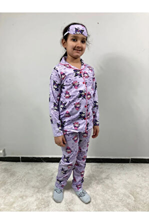 1+1PJKÖ Kuromi ve Arkadaşları Desenli Lila Uzun Kollu Önden Düğmeli Kız Çocuk Pijama Takımı 4-6 Yaş 0539U-L