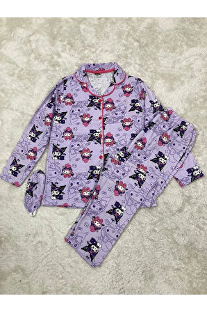 1+1PJKÖ Kuromi ve Arkadaşları Desenli Lila Uzun Kollu Önden Düğmeli Kız Çocuk Pijama Takımı 4-6 Yaş 0539U-L