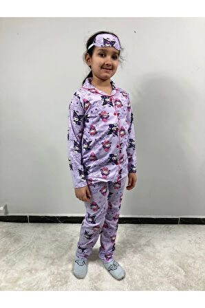 PJKÖ Kuromi ve Arkadaşları Desenli Lila Uzun Kollu Önden Düğmeli Kız Çocuk Pijama Takımı 4-12 Yaş 539U-L