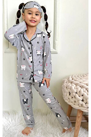 PJKÖ Kedicik Desenli Gri Uzun Kollu Önden Düğmeli Kız Çocuk Pijama Takımı 4-12 Yaş 540U-L